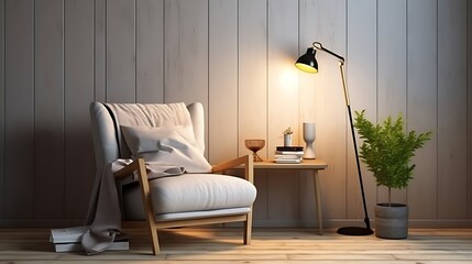 A cozy reading nook in the minimalist bedroom with a simple chair and floor lamp - obrazy, fototapety, plakaty