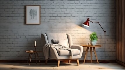 A cozy reading nook in the minimalist bedroom with a simple chair and floor lamp - obrazy, fototapety, plakaty