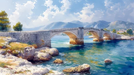 Fotobehang Watercolor painting of old stone bridge © senadesign