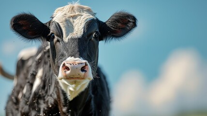 A black and white cow looks curiously - obrazy, fototapety, plakaty