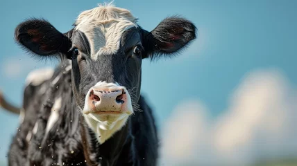 Gordijnen A black and white cow looks curiously © senadesign