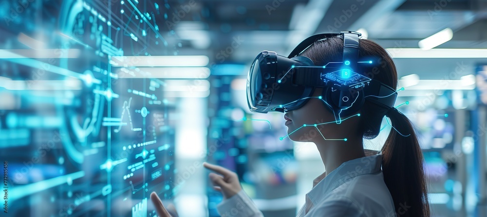 Poster a female tech user interacts with futuristic virtual reality interfaces in a high-tech environment.