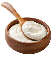 Sour cream or natural yoghurt and spoon in a wooden bowl - obrazy, fototapety, plakaty