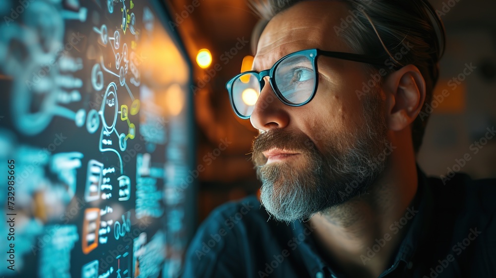 Poster bearded man with glasses intently studying glowing computer code on a screen in a dark room.