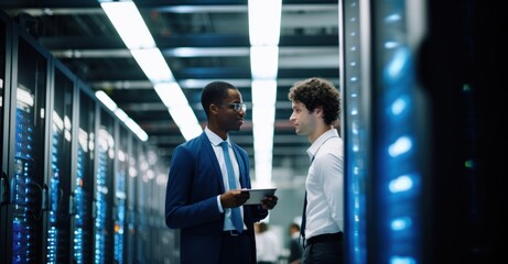  IT professionals configure and monitor servers in a high-tech server room environment.