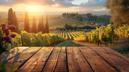 An empty wooden table for product display. Blurred french vineyard in the background