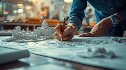 An architect's focused hand is seen drawing on a masterplan, with a detailed architectural scale model in the foreground of the workspace.