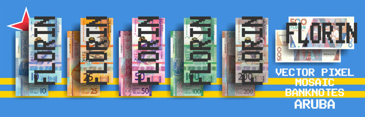 Vector set of pixel mosaic banknotes of Aruba. Collection of notes in denominations of 10, 25, 50, 100, 200 and 500 florins. Obverse and reverse. Play money or flyers.