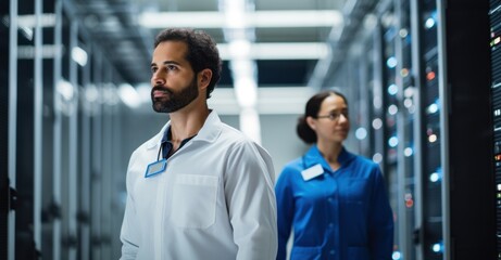  IT professionals configure and monitor servers in a high-tech server room environment.