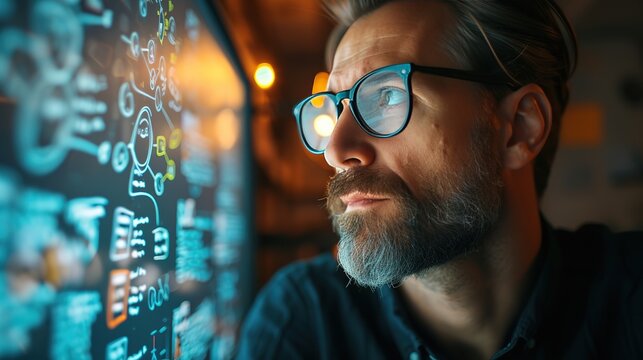 Bearded man with glasses intently studying glowing computer code on a screen in a dark room.