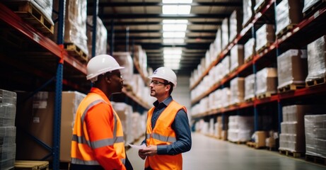 Warehouse workers organize inventory on shelves, capturing logistics and industrial ambiance.