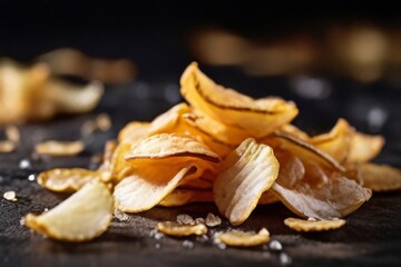 Mouthwatering close-up of crispy potato chips arranged in a pile on a dark background