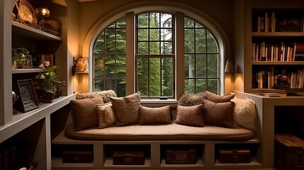 A cozy den with built-in window seats that have hidden storage underneath - obrazy, fototapety, plakaty