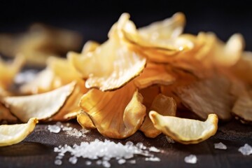 Mouthwatering close-up of crispy potato chips arranged in a pile on a dark background