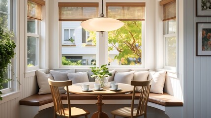 A cozy breakfast nook with a built-in bench, pendant lighting, and a round table - obrazy, fototapety, plakaty