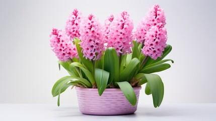 Pink hyacinth flowers grow in a pot. A delicate, beautiful spring flower. A fragrant, lush flower. The concept of spring, Women's Day.