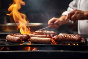 Captivating shot of sausages being flipped on the grill by chef, with flames dancing around the juicy meat - obrazy, fototapety, plakaty
