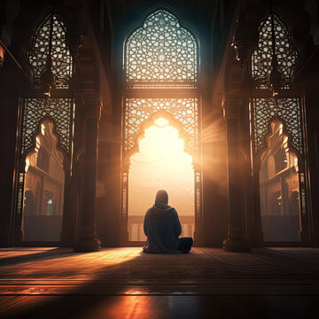 a image of a person sitting in a mosque with the sun shining through the windows