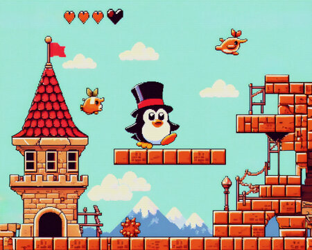 Retro 2d platformer game about a penguin. Vintage screen effect. Digital art.
