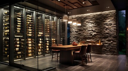 A contemporary wine cellar with glass walls showcasing an impressive wine collection - obrazy, fototapety, plakaty