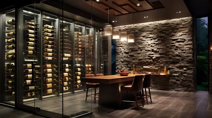 Fotobehang A contemporary wine cellar with glass walls showcasing an impressive wine collection © Warda