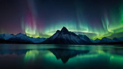 Room darkening curtains Reflection Beautiful landscape scene with Aurora Borealis and Milky way over mountains reflected in water, background, wallpaper