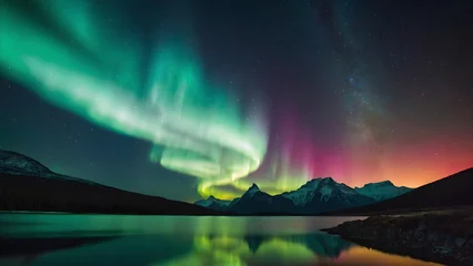 Wall murals Reflection Beautiful landscape scene with Aurora Borealis and Milky way over mountains reflected in water, background, wallpaper