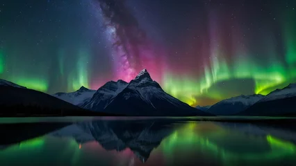 Poster Reflection Beautiful landscape scene with Aurora Borealis and Milky way over mountains reflected in water, background, wallpaper