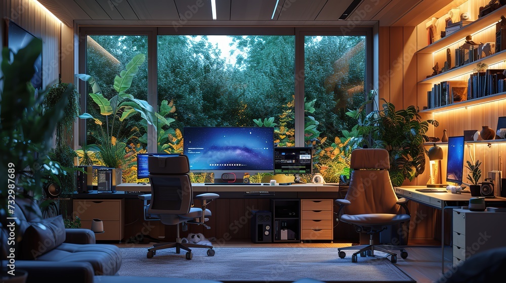 Poster inviting home office setup with ambient lighting, surrounded by lush greenery visible through a larg