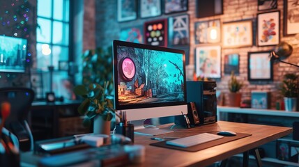 Warmly lit digital artist's workspace with a computer monitor displaying artwork, surrounded by inspirational wall art.