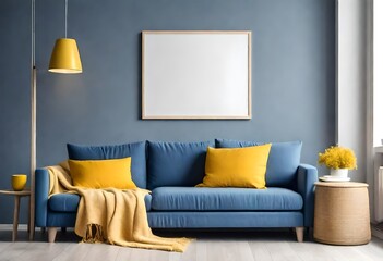 Blue sofa with yellow pillows and blanket with empty blank mock up frame, scandinavian home interior