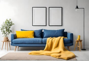 Blue sofa with yellow pillows and blanket with empty blank mock up frame, scandinavian home interior