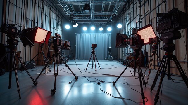 Video production studio featuring multiple cameras and red lighting equipment with a grey backdrop and overhead rigging.