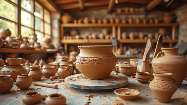 Inside a pottery workshop showcasing freshly thrown ceramic vases and various handcrafted pottery pieces on shelves.