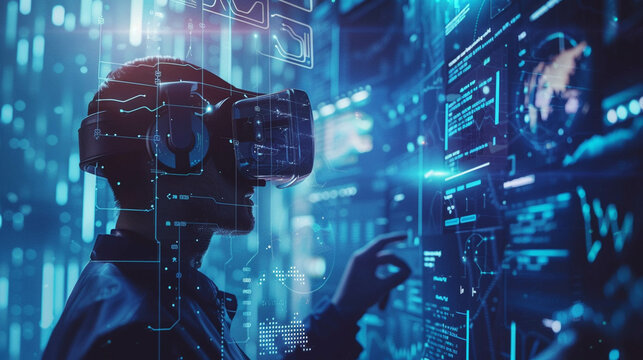 A person wearing a VR headset interacting with futuristic digital interfaces, symbolizing virtual reality and advanced technology