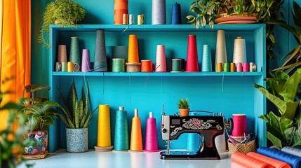 A vibrant sewing corner adorned with colorful cones of thread, potted plants, and a stylish sewing machine.
