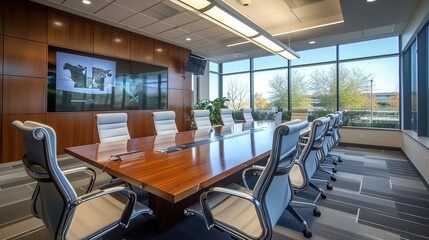 Fototapeta na wymiar This contemporary conference room is equipped with advanced technology, sleek furniture, and boasts ample natural light with a scenic view.