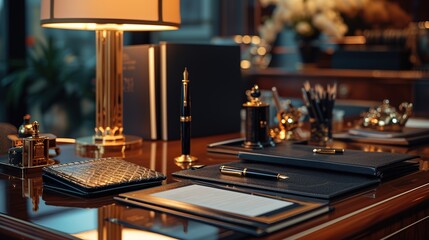 Fototapeta na wymiar A sophisticated executive office desk featuring a fountain pen, notepads, and various high-end desk accessories.