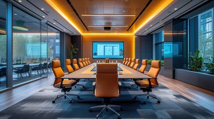 Contemporary conference room featuring a large screen for presentations, surrounded by stylish orange chairs in a corporate setting.