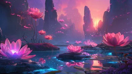 Foto op Canvas Surreal fantasy landscape with glowing lotus flowers and mystical atmosphere. Dreamy digital art. © Postproduction