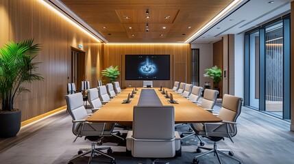 Modern boardroom design with a large digital display screen, wood accents, and comfortable meeting chairs, projecting a corporate image.