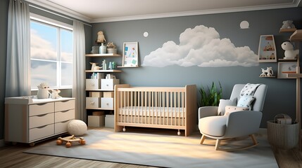 A contemporary nursery with a convertible crib and playful storage solutions - obrazy, fototapety, plakaty
