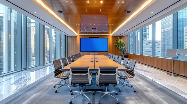 Futuristic corporate boardroom with a large central table, ergonomic chairs, an interactive multimedia display, and expansive windows showcasing the cityscape.