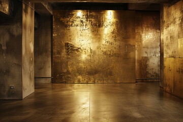 Golden hall, abandoned room with gold walls and columns