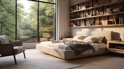 A contemporary master bedroom with a platform bed and a cozy reading corner by the window