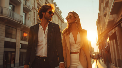 A man and woman wearing sunglasses and coats are walking and shopping down an European street.