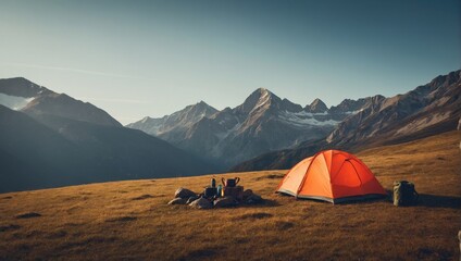 tourist tent against the backdrop of mountains