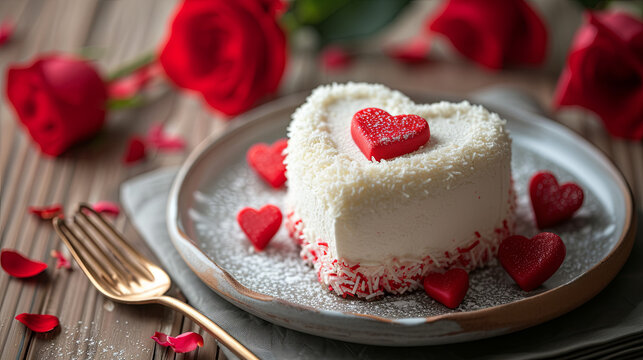 Delicious red and white cake heart on a plate