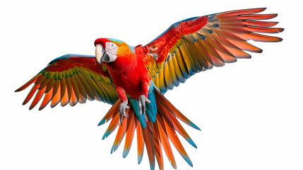 Fototapeta premium Bright colorful macaw parrot flaps its wings on an isolated background