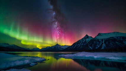 Beautiful landscape scene with Aurora Borealis and Milky way over mountains reflected in water, background, wallpaper